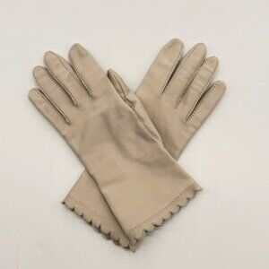 60s Vintage Kayser Beige Nylon Gloves Scalloped Hem Womens Size 6.5